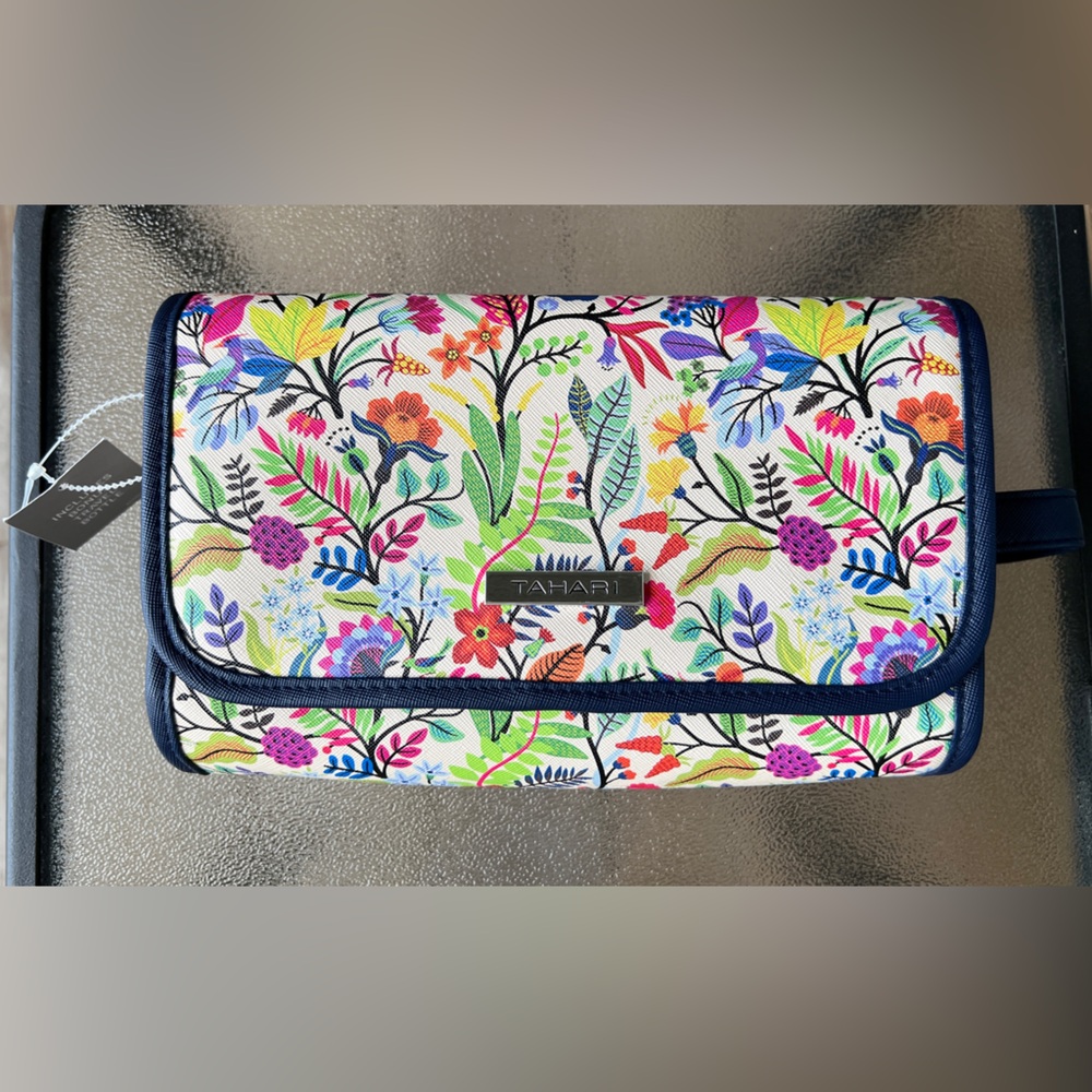Tahari Floral Cosmetic Bag in Multicolor with Navy Trim
